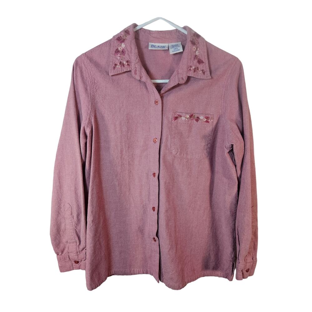 Blair Women's Button Front Shirt Dusty‎ Rose Embroidered Collar Pocket Med